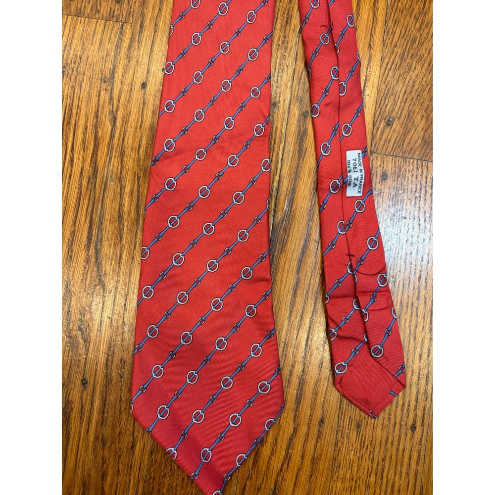 Hermes Paris 100% Silk Tie Red Equestrian Bit Chain Link 7061 TA France